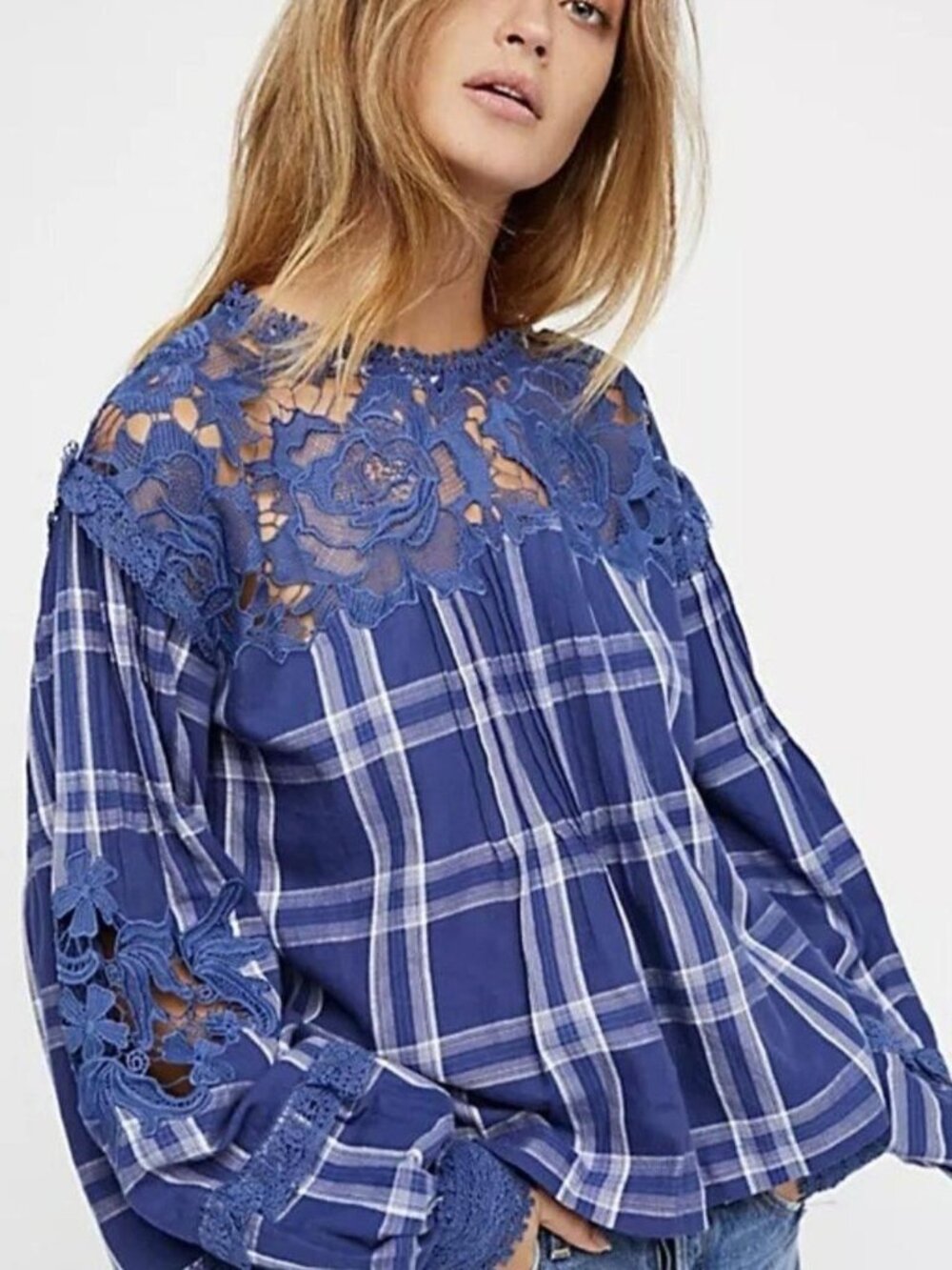 Free People Blue & Check Lace Blouse